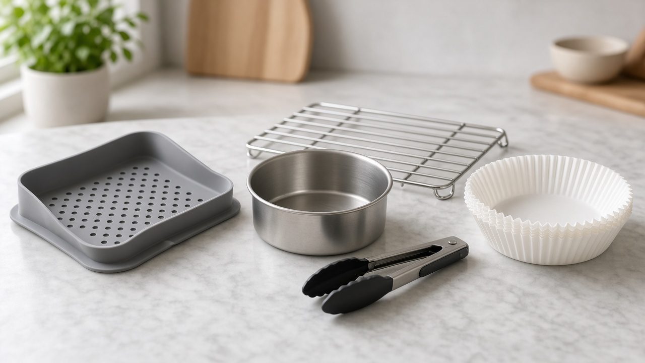 Accessoires d’air fryer en silicone et métal sur un plan de travail