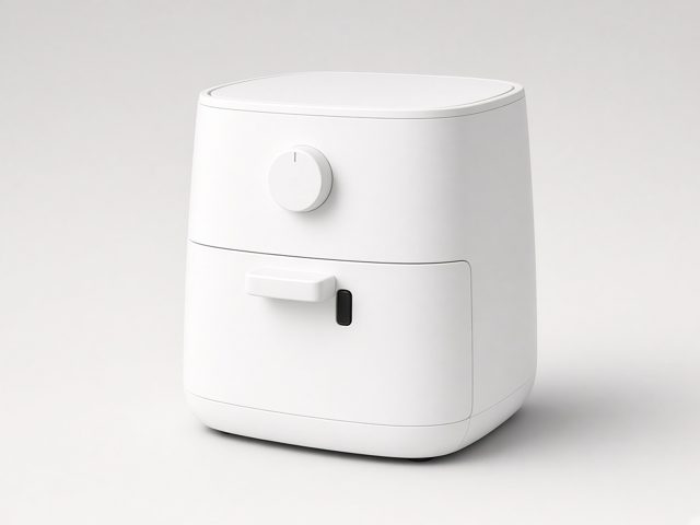 Petit air fryer blanc à bouton rotatif, vue produit studio