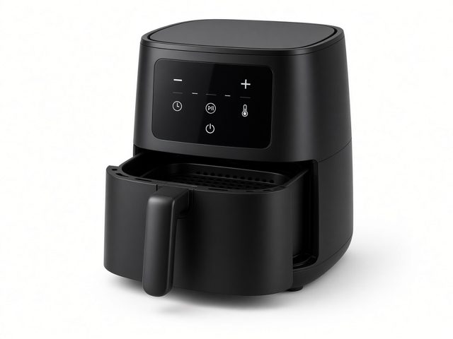 Air fryer noir numérique à écran tactile avec panier ouvert