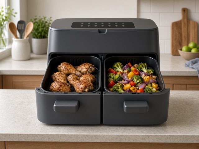 Air fryer double panier gris avec poulet et légumes dans les deux tiroirs