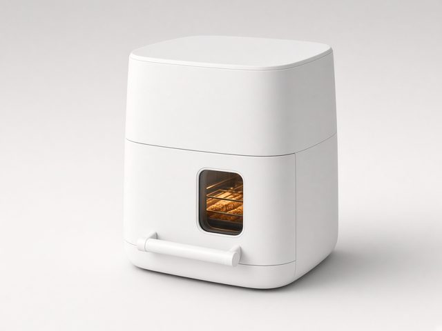 Air fryer compact blanc avec une petite fenêtre éclairée sur le tiroir, vue produit studio
