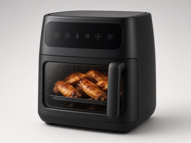 Grand air fryer noir numérique avec large vitre laissant voir des ailes de poulet rôties