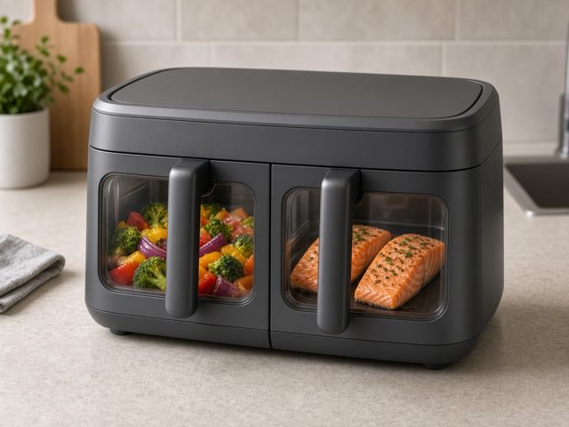 Air fryer double panier gris avec deux fenêtres montrant des légumes et des pavés de saumon