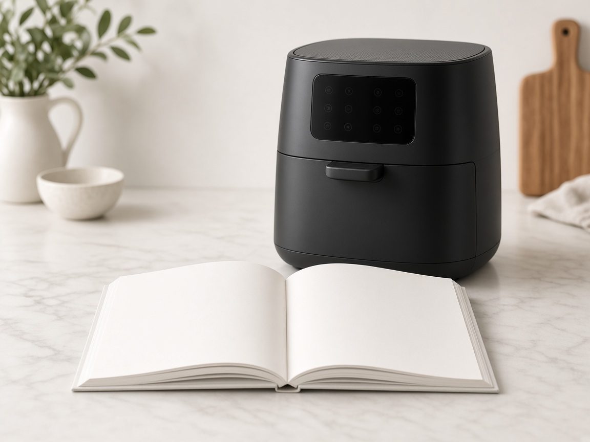 Livre de cuisine ouvert près d’un air fryer