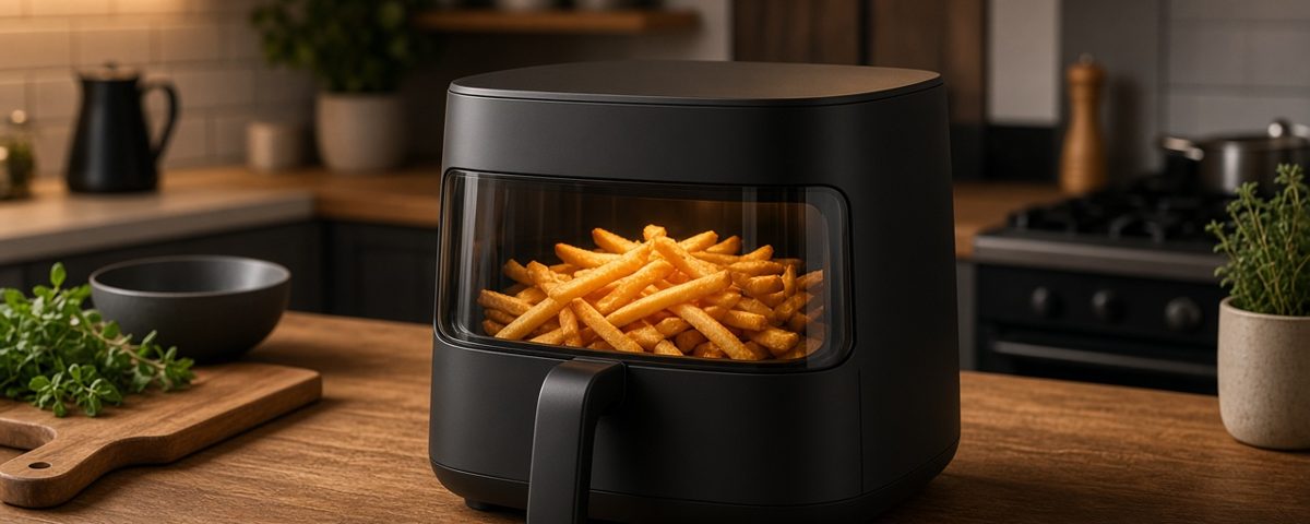 Air fryer noir avec une grande fenêtre transparente laissant voir des frites dorées en cuisson, sur un plan de travail en bois