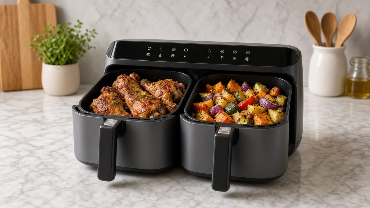 Air fryer double panier ouvert avec poulet et légumes