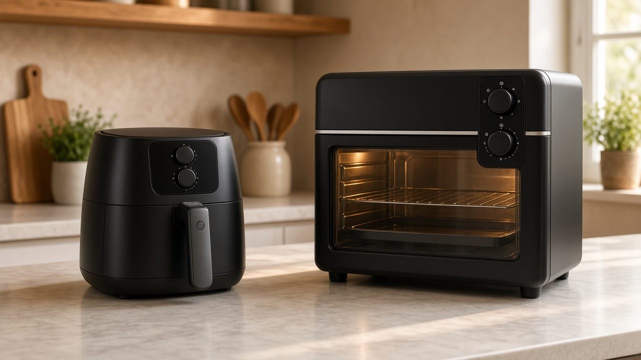 Air fryer à panier et four air fryer côte à côte dans une cuisine