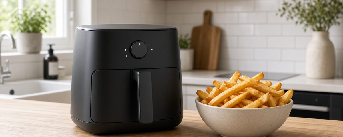 Air fryer noir compact sur un plan de travail en bois avec un bol de frites maison