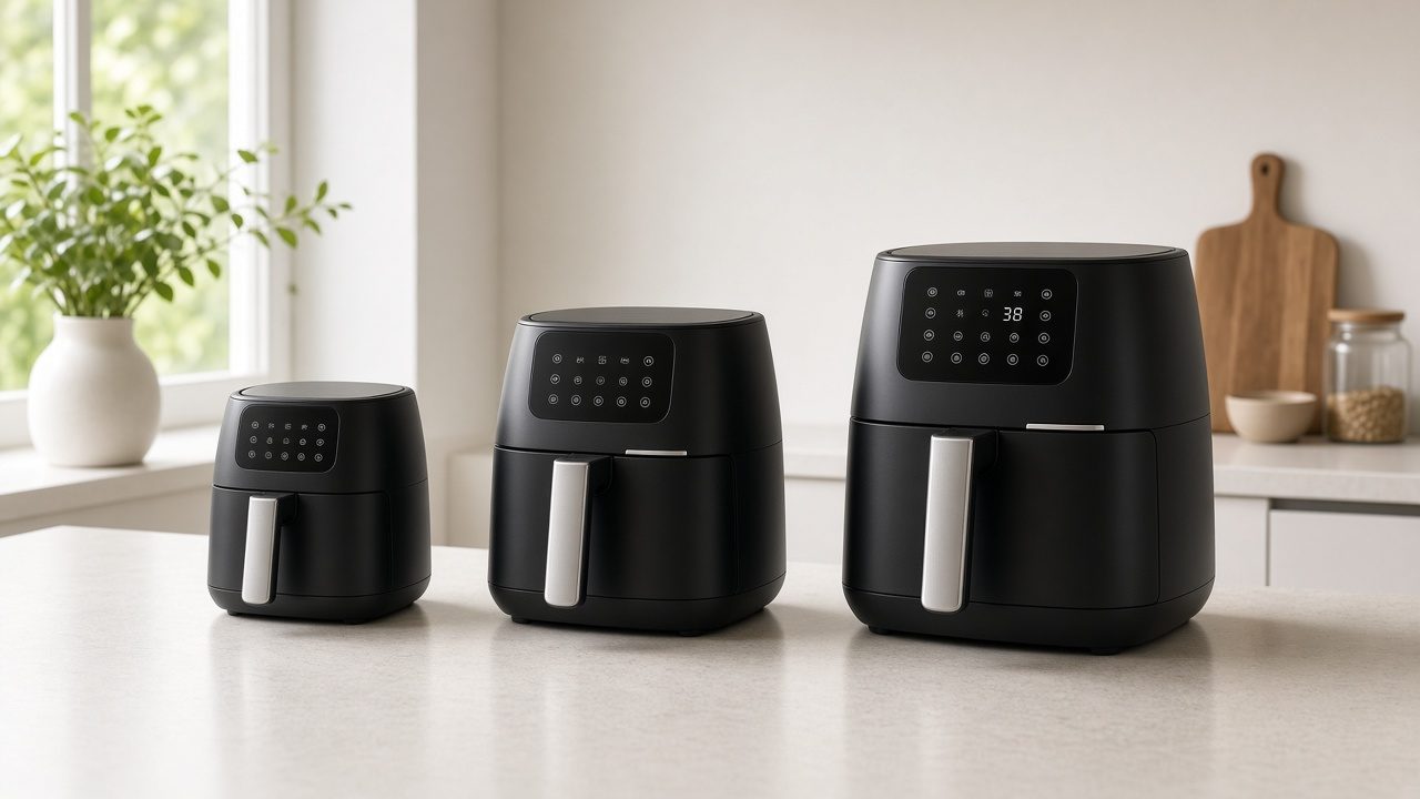 Trois air fryers de tailles différentes alignés sur un plan de travail