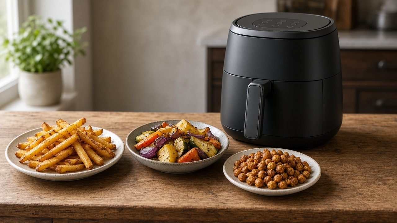 Assiettes de légumes rôtis et frites maison sortis d’un air fryer