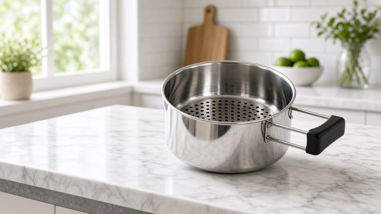 Panier d’air fryer en inox brillant sur un plan de travail