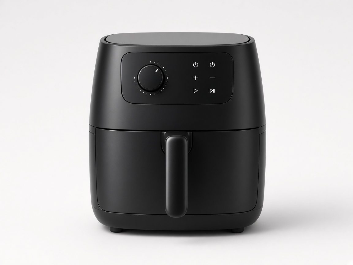 Air fryer à panier noir, vue produit studio