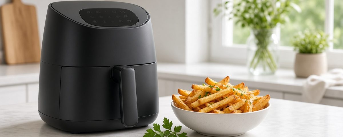 Air fryer sur un plan de travail avec des frites dorées