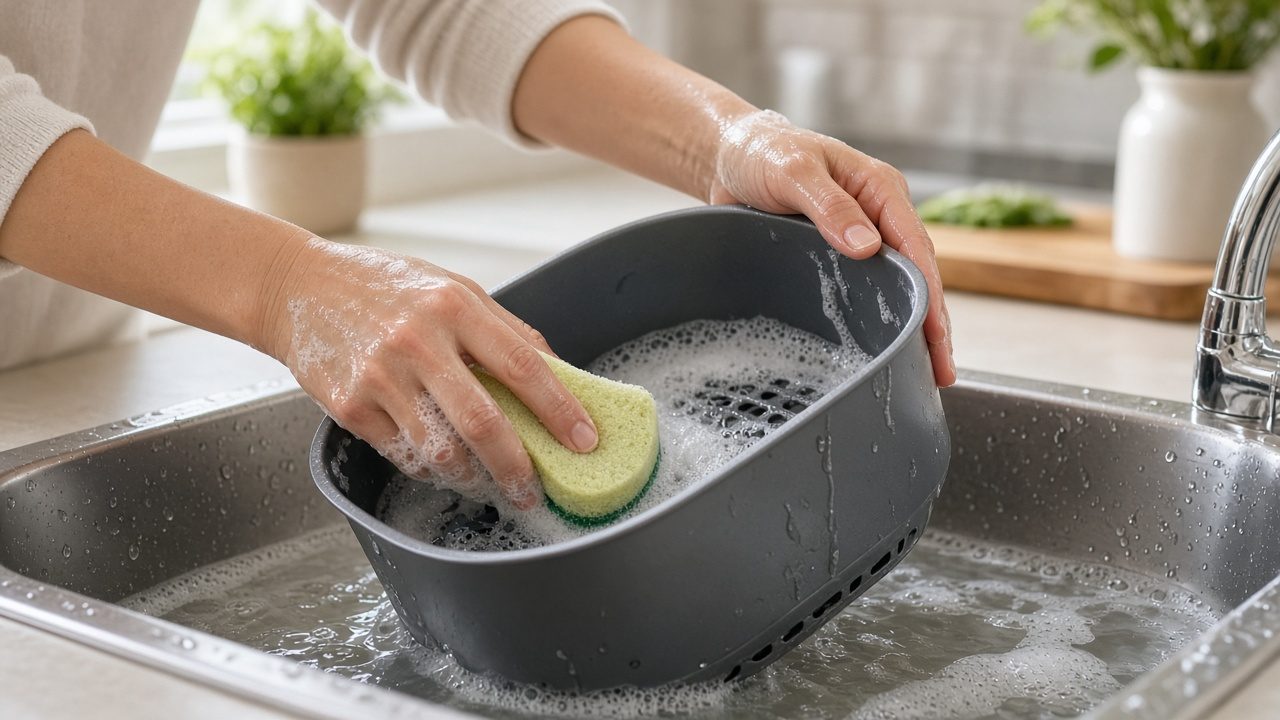 Panier d’air fryer en train d’être lavé dans un évier