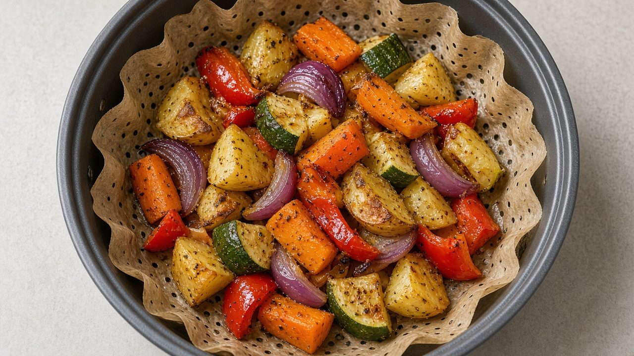 Papier cuisson perforé dans un panier d’air fryer avec des légumes
